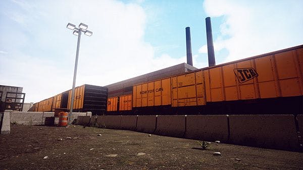 Virtual reality screenshot of the railyard.