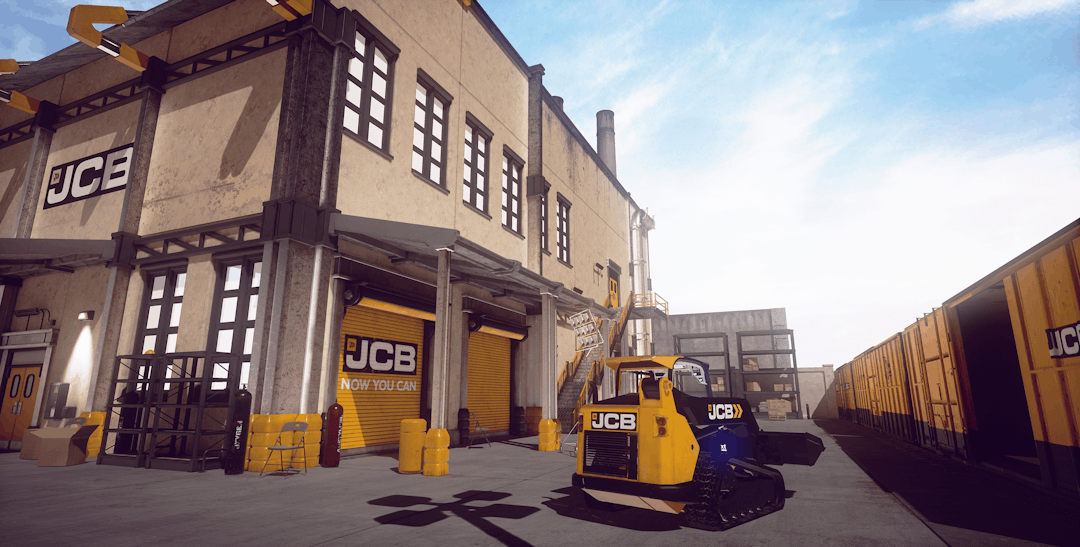 Virtual reality hero shot of the warehouse and railyard parts of the level.